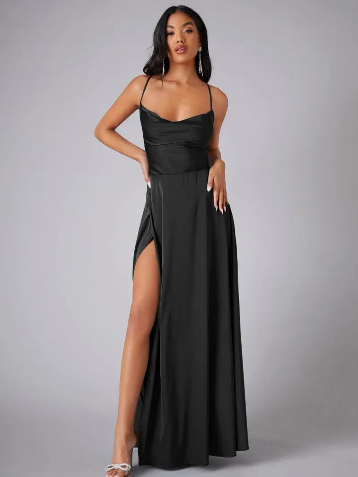 Sophisticated backless cowl neck maxi dress for women, featuring a stylish high slit for evening parties.
