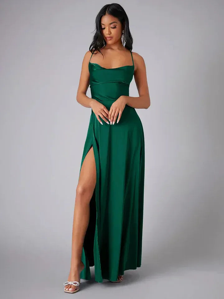 Sleek backless cowl neck long dress for women, a sophisticated maxi gown with an elegant slit for evenings.