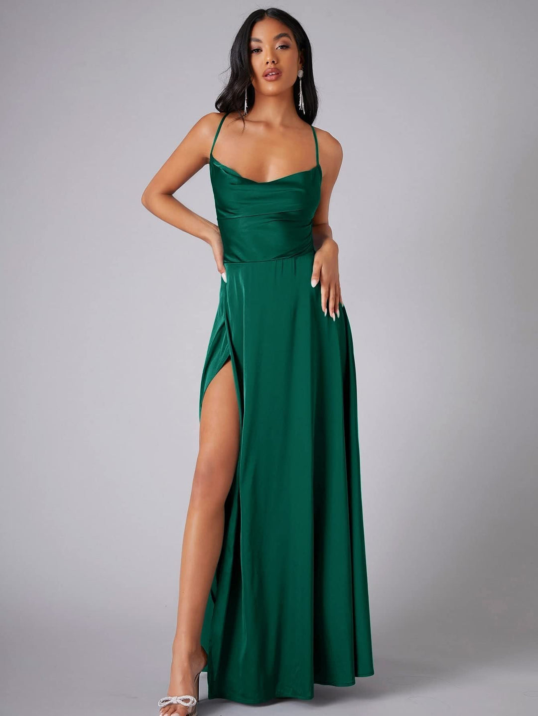 Stylish party dress for women: elegant backless cowl neck maxi gown with a sophisticated leg slit.