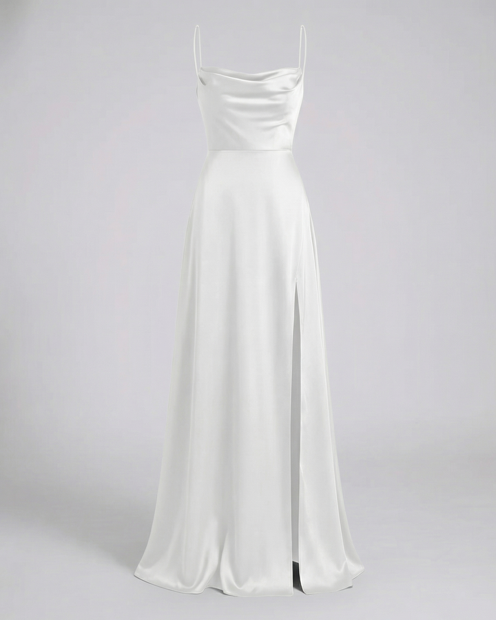 Flowing elegant cowl neck maxi dress for women, featuring a lace-up back and side slit, perfect evening wear.