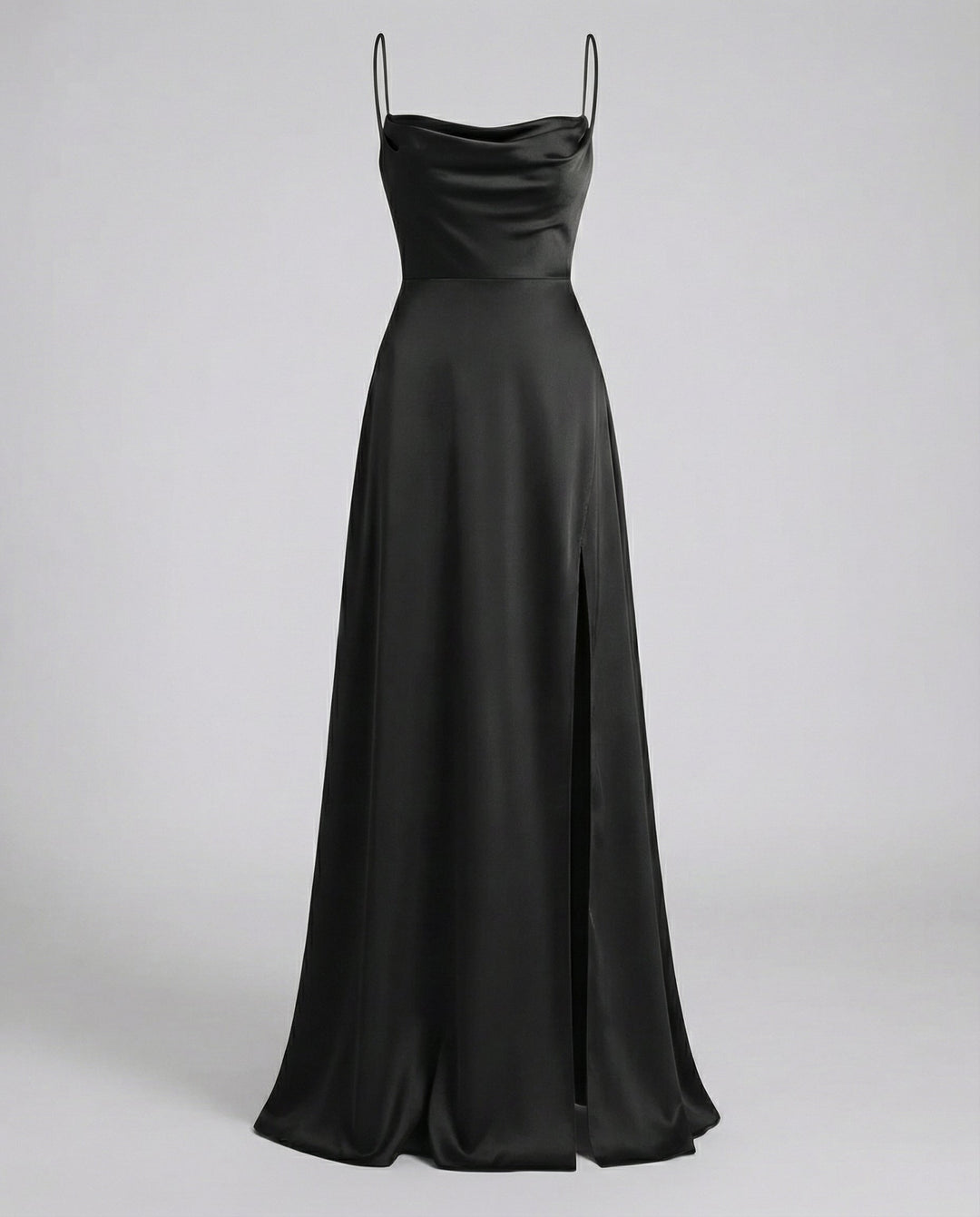 Elegant women's formal maxi dress with stylish cowl neck, lace-up back, and side slit, for special events.