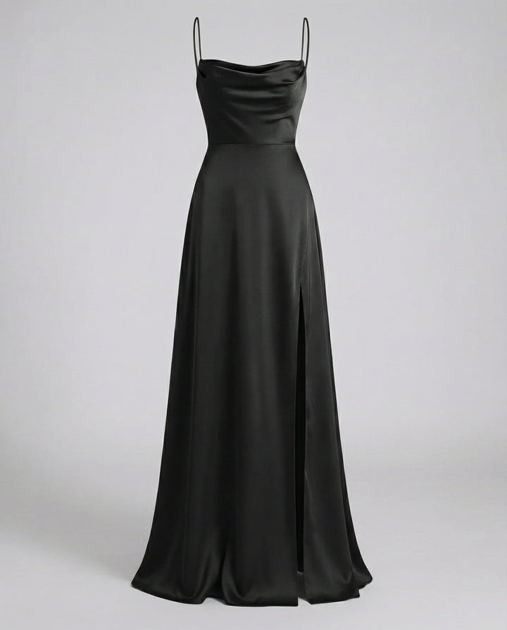 Elegant women's formal maxi dress with stylish cowl neck, lace-up back, and side slit, for special events.