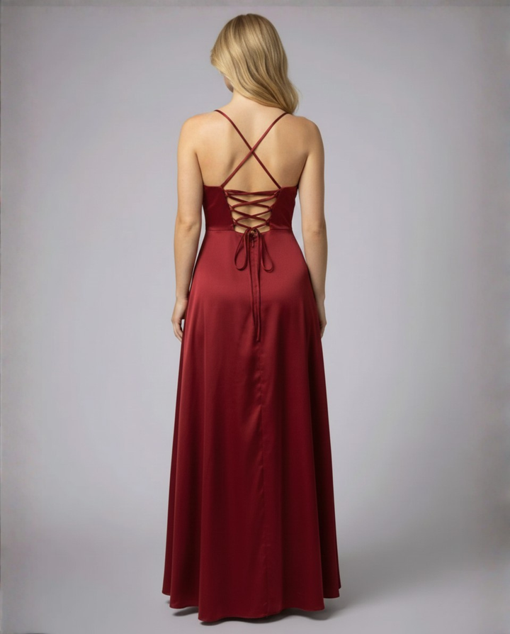 Luxurious women's formal cowl neck maxi dress, featuring a sophisticated lace-up back and elegant side slit.