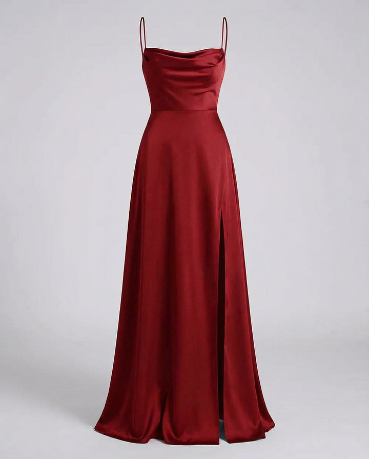 Black elegant cowl neck maxi dress, women's formal evening wear with lace-up back and high slit detail.