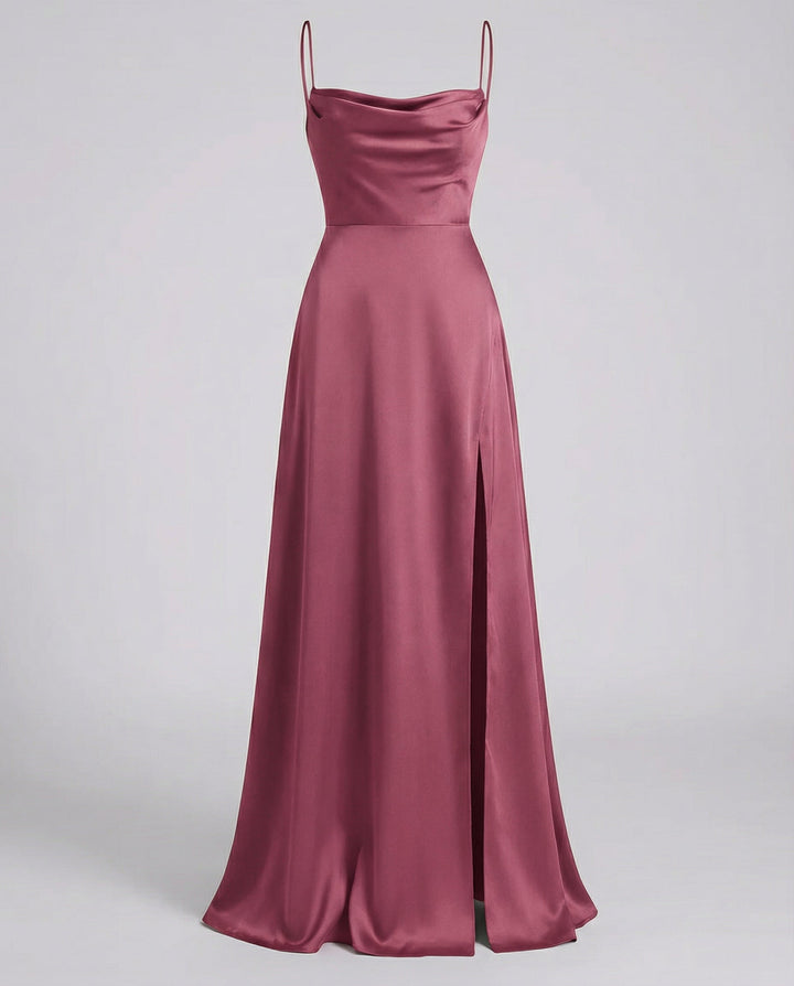 Elegant women's maxi dress with intricate lace-up back detail, cowl neck, and graceful side slit for formal wear.