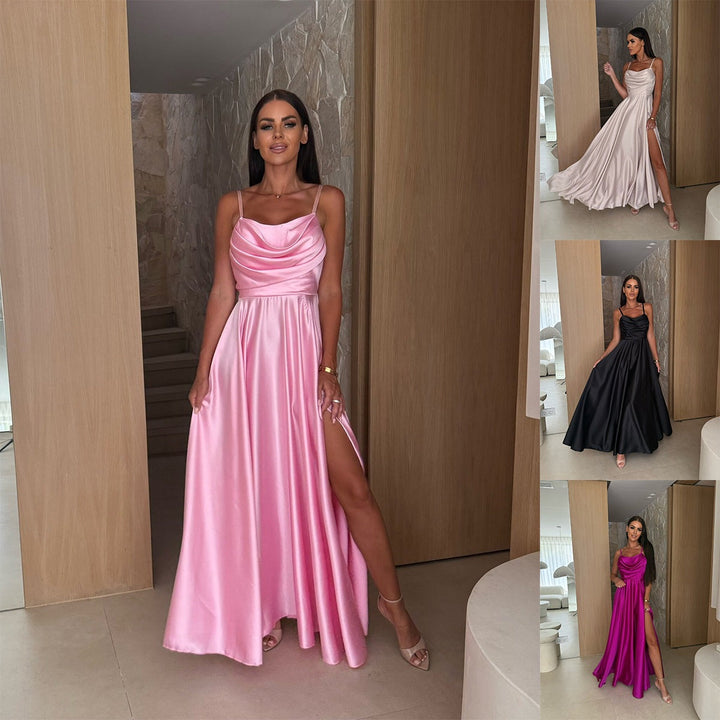 Elegant women's cowl neck pleated maxi dress in a flowing fabric, perfect for wedding guests & formal evening events.