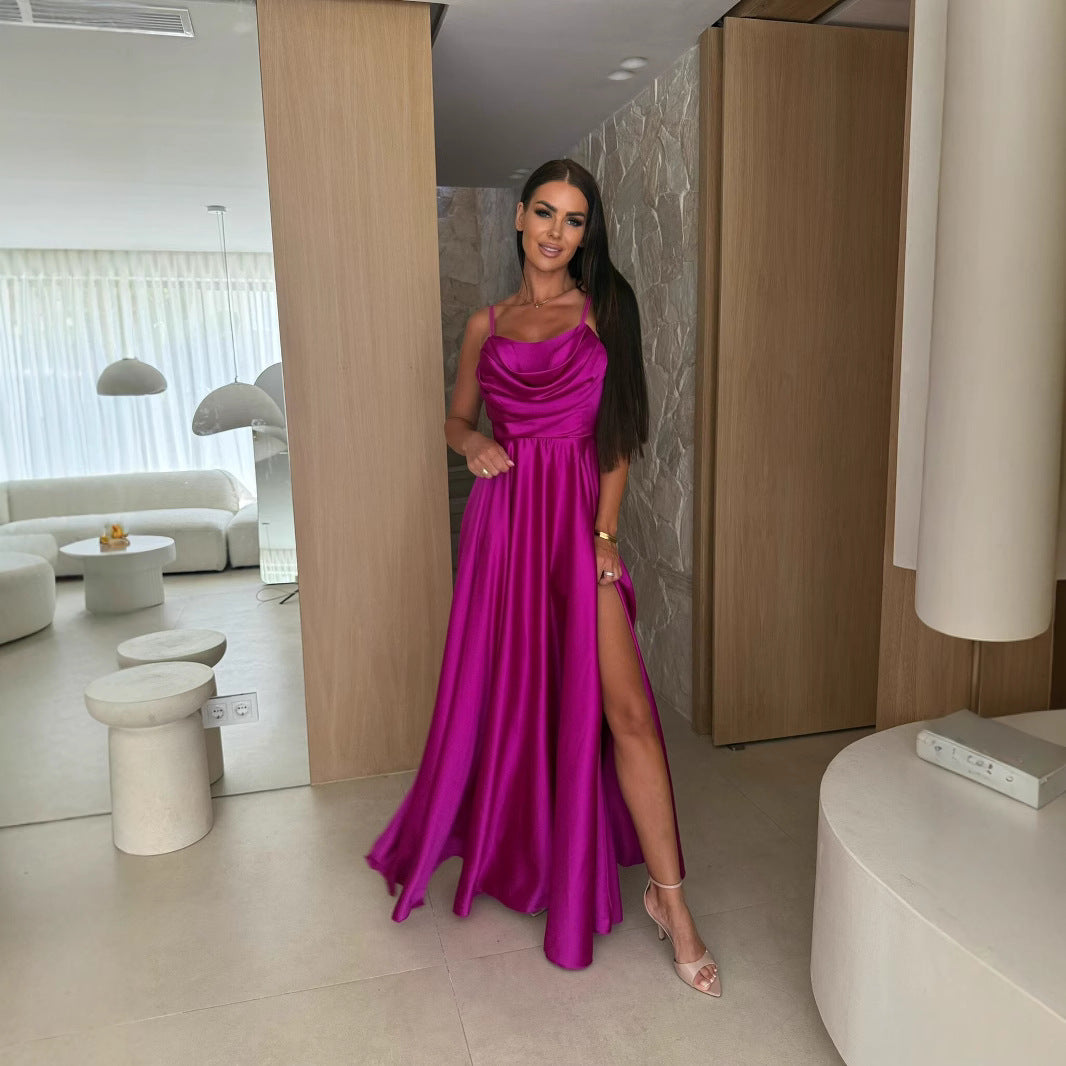 Stylish women's long pleated maxi dress with a sophisticated cowl neck, ideal as a wedding guest or party dress.