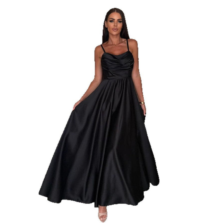 Versatile women's long pleated dress with an elegant cowl neck, perfect as a wedding guest dress or party attire.
