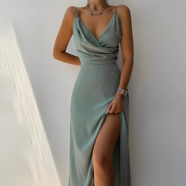 Elegant women's cowl-neck slip maxi dress, perfect for formal occasions and parties.