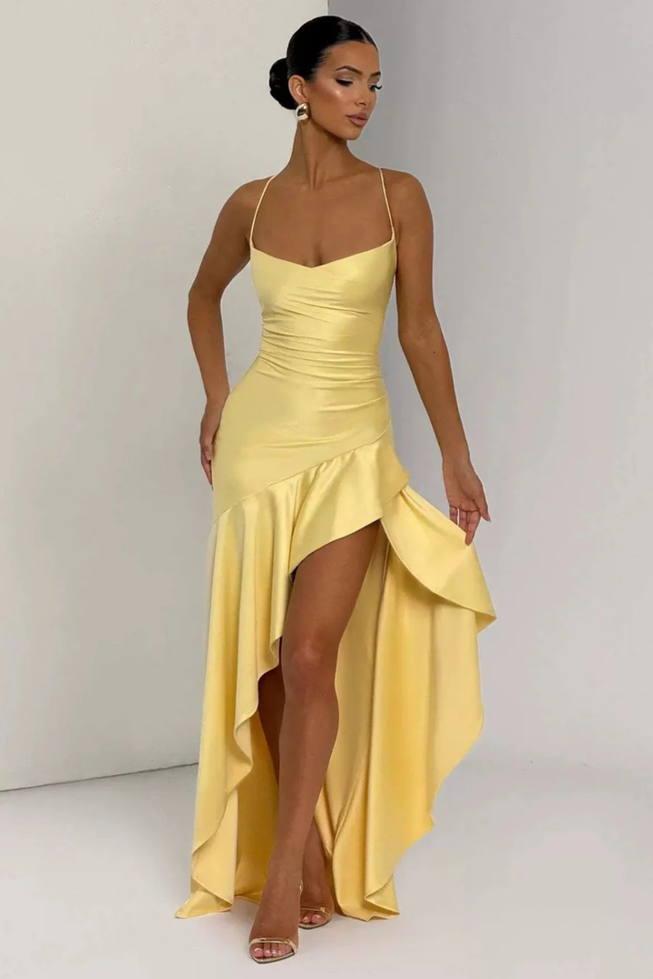 Sophisticated women's wedding guest dress, a cowl neck slip maxi, elegant for any formal event.