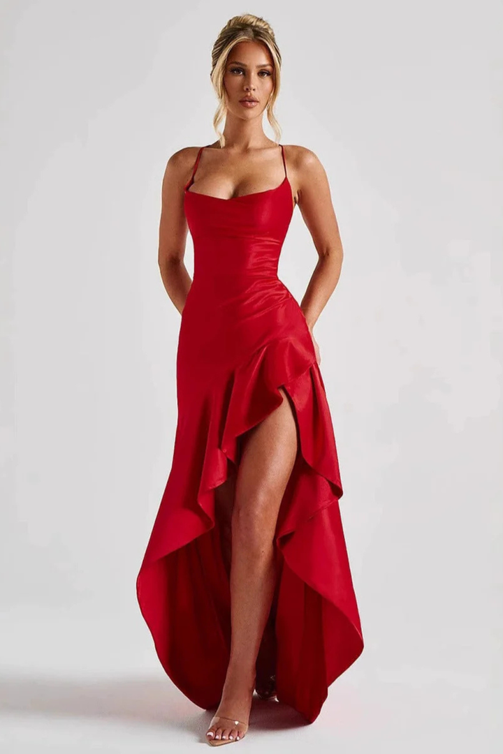 Sophisticated women's evening dress, a maxi slip style with graceful cowl neck for parties.