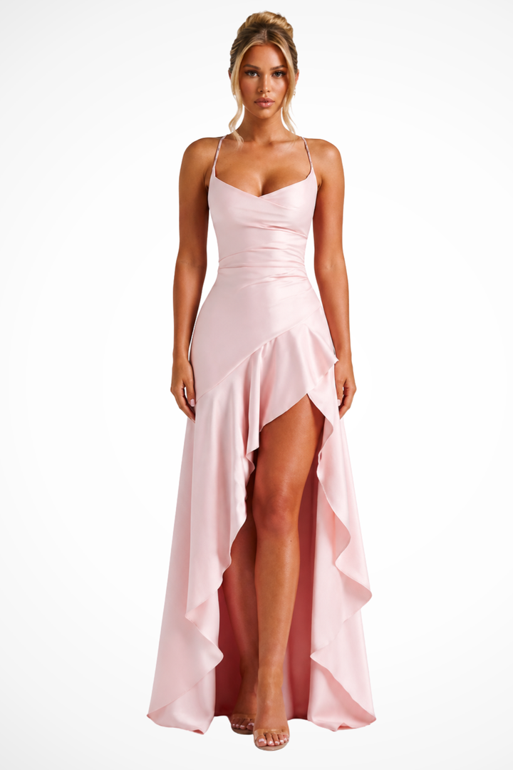 Stylish women's long dress, elegant slip silhouette with a draped cowl neck for formal events.