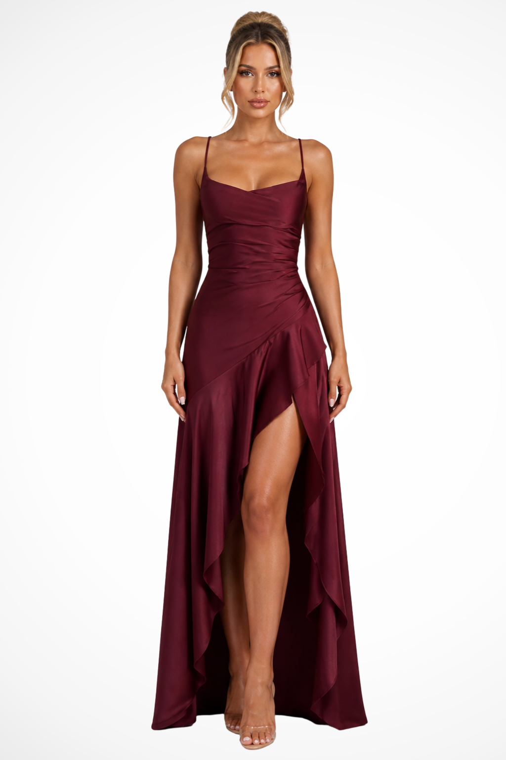Flowing women's wedding guest dress, a chic cowl neck slip maxi gown, perfect for formal occasions.
