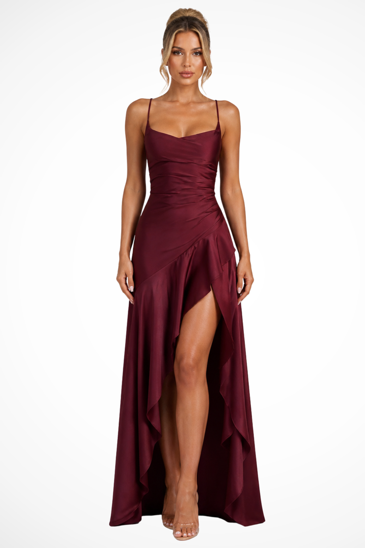 Flowing women's wedding guest dress, a chic cowl neck slip maxi gown, perfect for formal occasions.