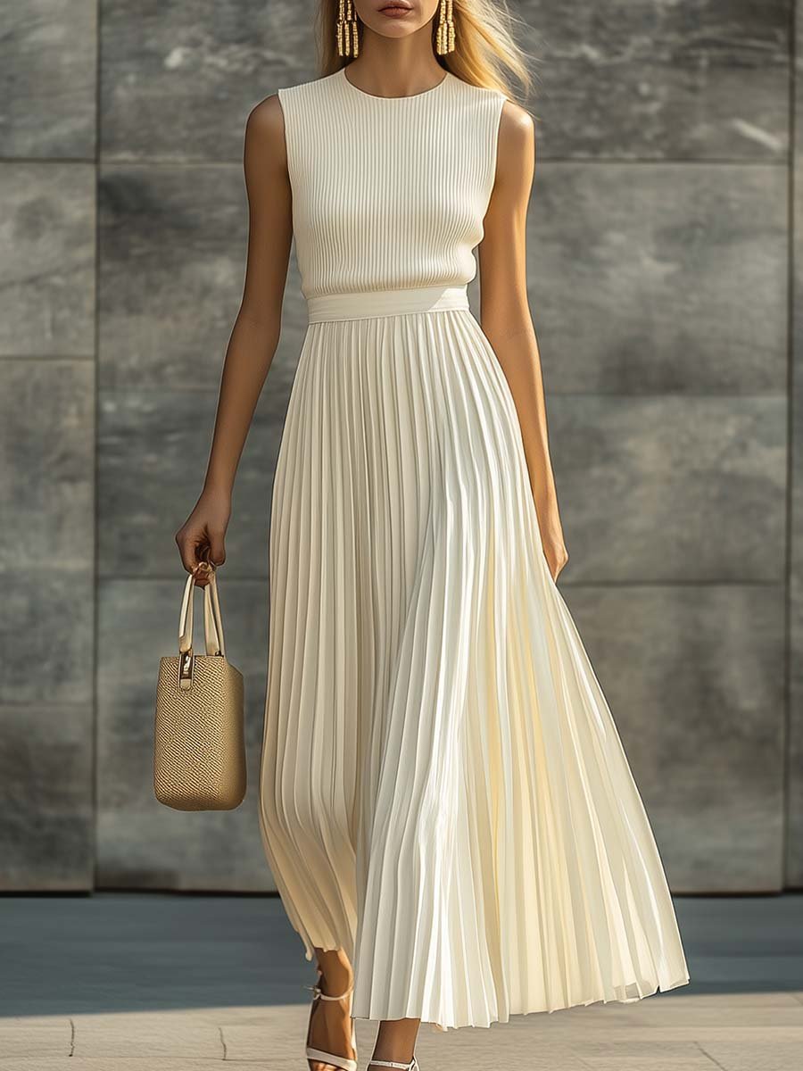 Elegant women's cream pleated maxi dress with a crew neck and sleeveless design, perfect for summer occasions.
