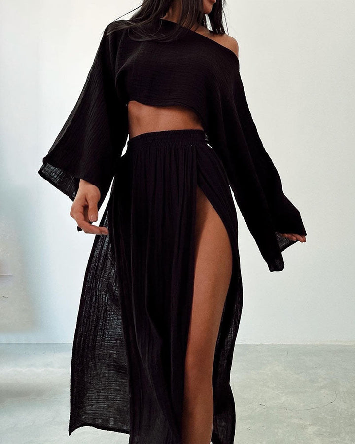 Versatile women's co-ord set: elegant long sleeve crop top & flowing side split maxi skirt. Chic spring/summer fashion.