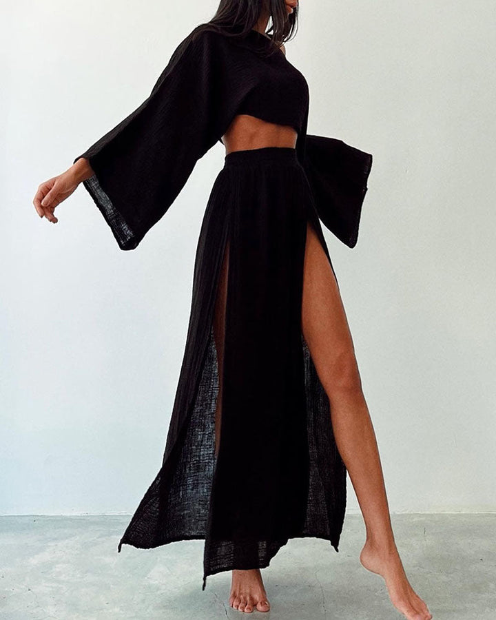 Graceful women's crop top & side split maxi skirt set. Ideal for elegant outfits, chic and comfortable two-piece.