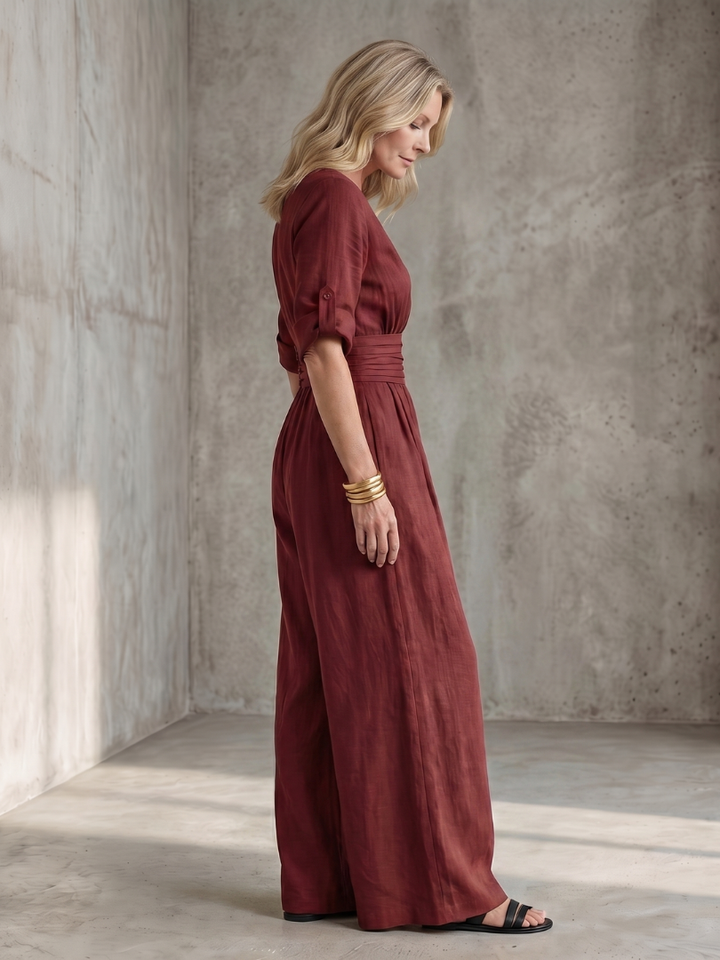 Flattering women's cross front wide leg jumpsuit, ideal for parties and special events.