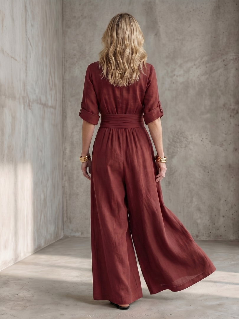 Comfortable and elegant women's wide leg jumpsuit with a chic cross front design.
