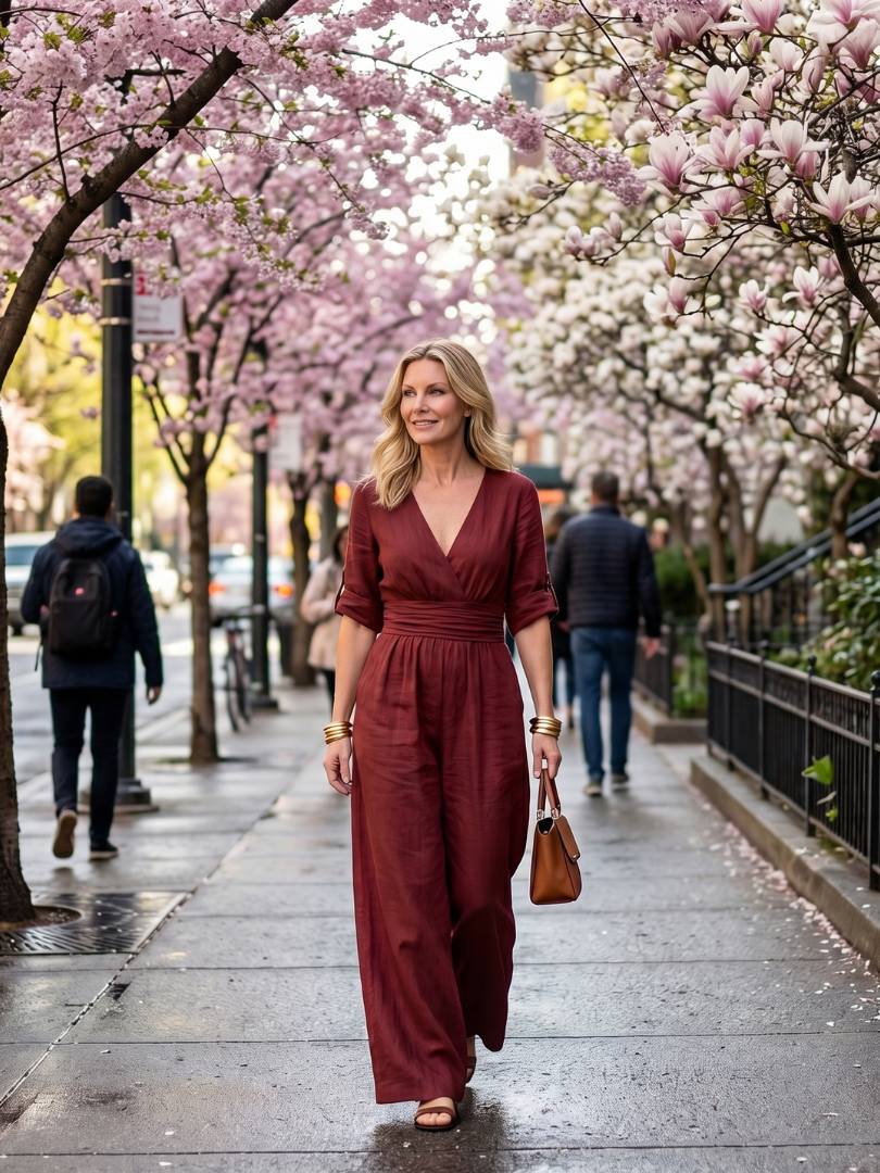 Women's versatile wide leg jumpsuit, cross front detail, perfect for resort or evening wear.