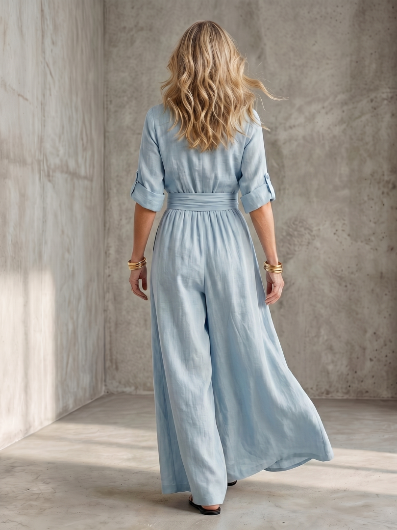 Women's comfortable cross front wide leg jumpsuit, ideal for a relaxed yet elegant summer look.