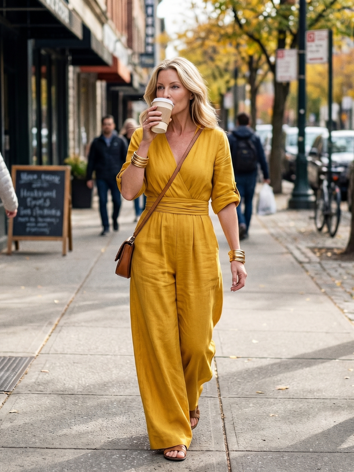 Modern elegant women's wide leg jumpsuit, flattering cross front design, perfect for any occasion.