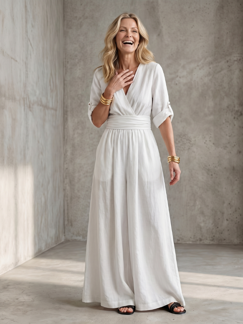 Fashionable women's cross front jumpsuit, wide leg silhouette, great for party & resort wear.