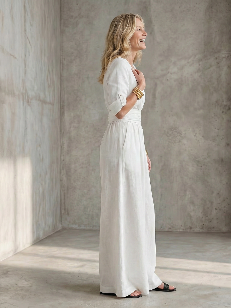 Ladies' comfortable wide leg jumpsuit, elegant cross front, perfect for casual or party wear.