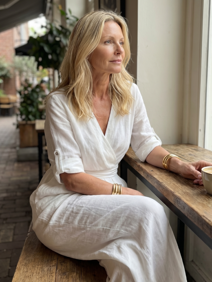 Stylish women's full-length wide leg jumpsuit with a unique cross front design.