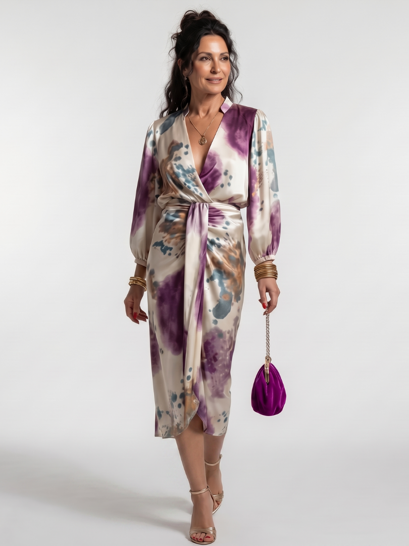 Elegant women's cross wrap midi dress with long sleeves and a beautiful print, perfect for day or evening.