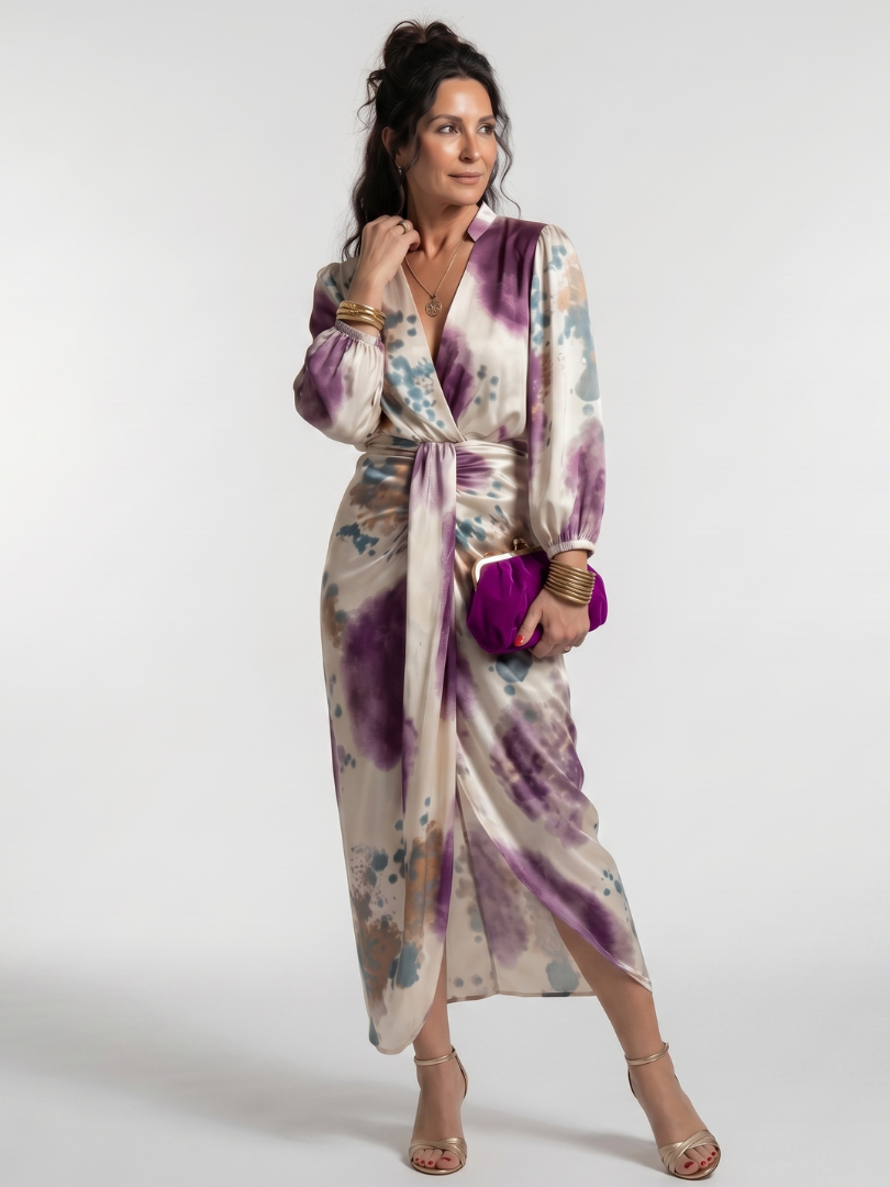 Stylish women's printed wrap midi dress with a flattering tie waist and long sleeves, suitable for many occasions.