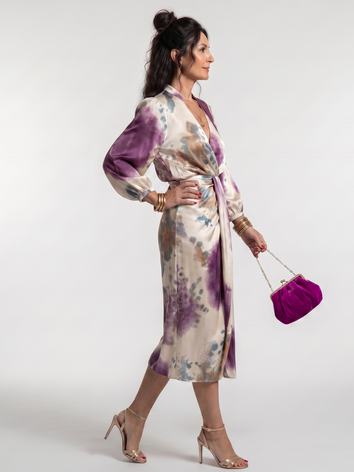 Versatile women's long sleeve midi dress featuring an elegant cross wrap design and eye-catching print.