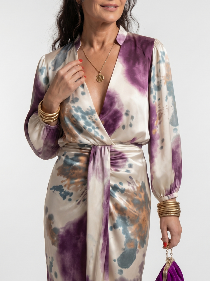 Women's printed long sleeve midi wrap dress with a chic tie waist, ideal for an elegant day or evening look.