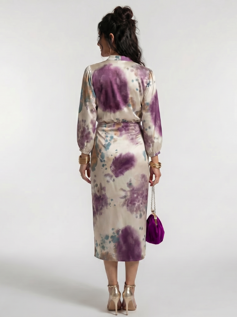 Comfortable & elegant women's cross wrap printed midi dress with long sleeves, great for versatile styling.