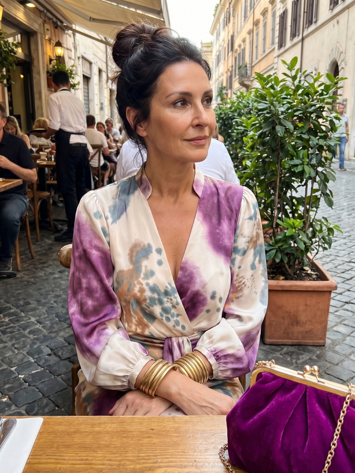 Sophisticated women's elegant printed midi dress with a cross wrap front, long sleeves, and a stylish tie waist.