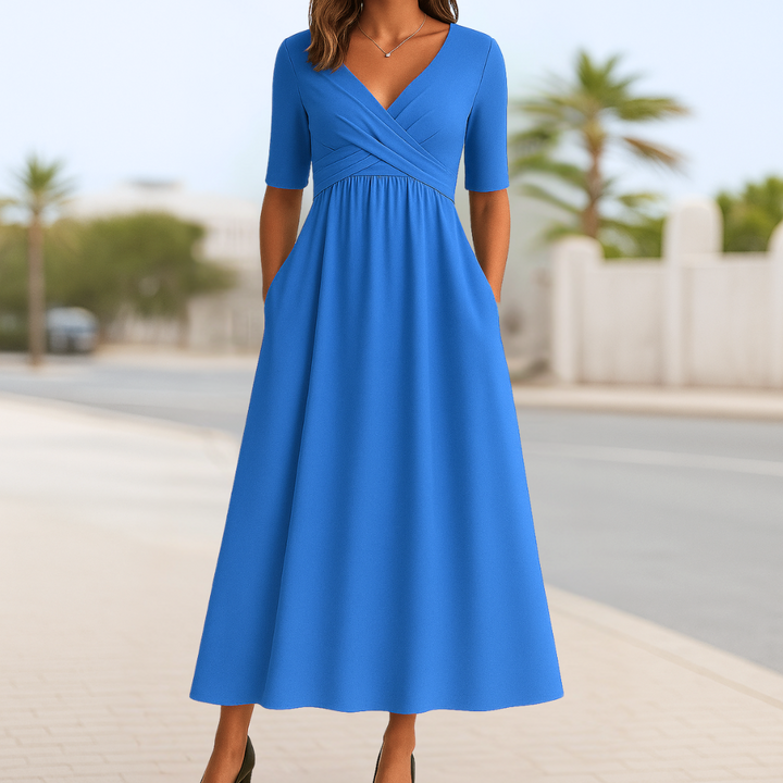 Stylish women's elegant midi dress with a modern crossed V-neck and short sleeves, perfect for summer versatility.