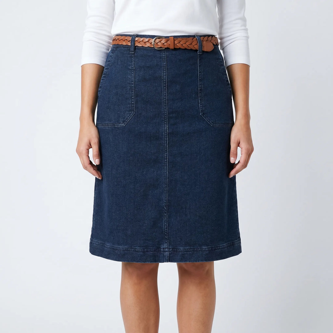 Comfortable women's A-line knee-length skirt in dark blue. Versatile & elegant for daily fashion.