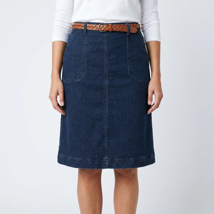 Comfortable women's A-line knee-length skirt in dark blue. Versatile & elegant for daily fashion.