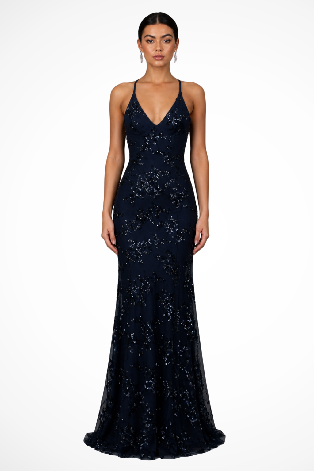 Elegant women's dark blue V-neck sequin maxi dress, perfect for gala events & wedding guests.