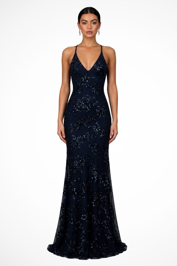 Elegant women's dark blue V-neck sequin maxi dress, perfect for gala events & wedding guests.