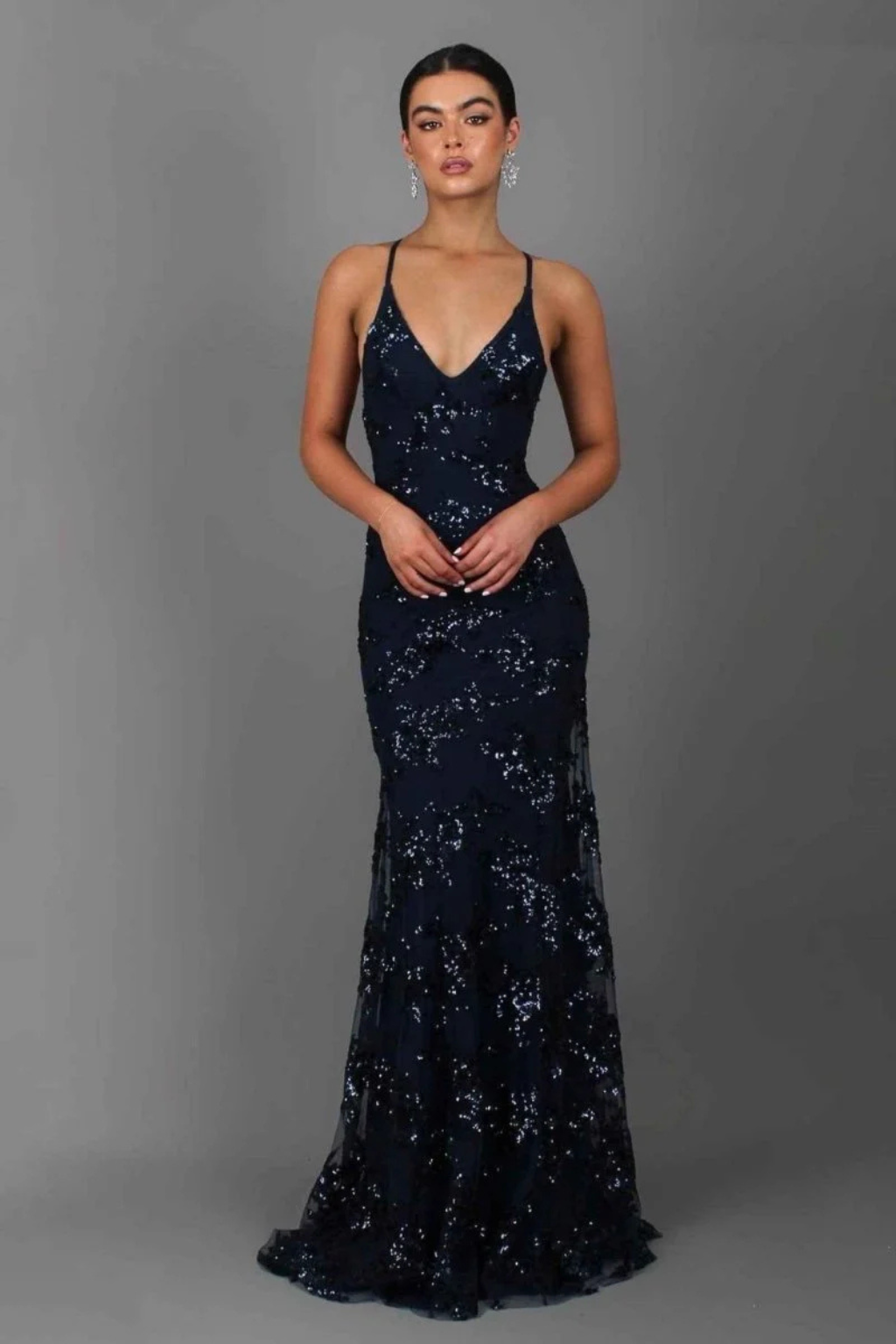 Grey sequin V-neck maxi dress for women, ideal formal evening gown for galas & special occasions.