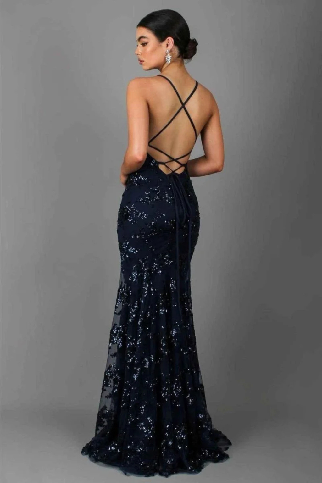 Shimmering women's V-neck sequin maxi party dress in dark blue, a stunning choice for special events.