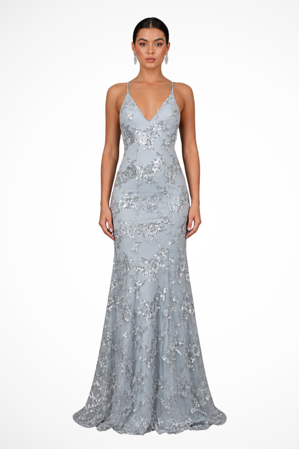Full-length women's grey sequin V-neck maxi dress, an elegant evening gown for formal parties.