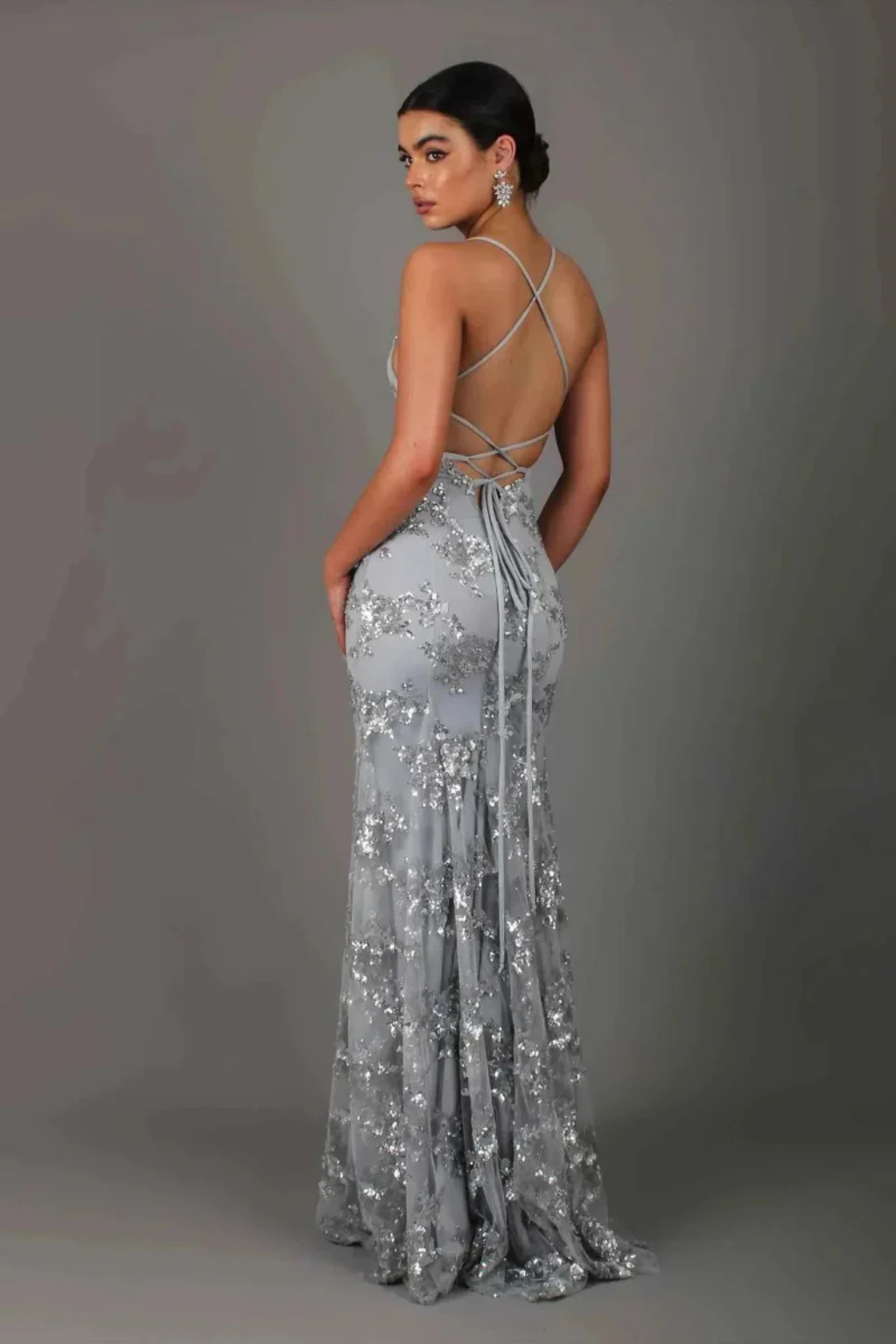 Dazzling dark blue V-neck sequin maxi dress for women, a glamorous gala gown or special occasion outfit.