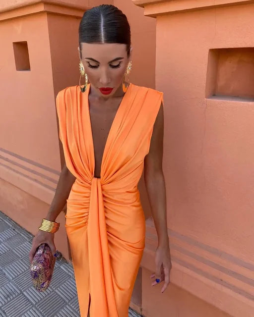 Beautiful ruched maxi dress for women, featuring a deep V-neck, designed for weddings, galas, and special occasions.