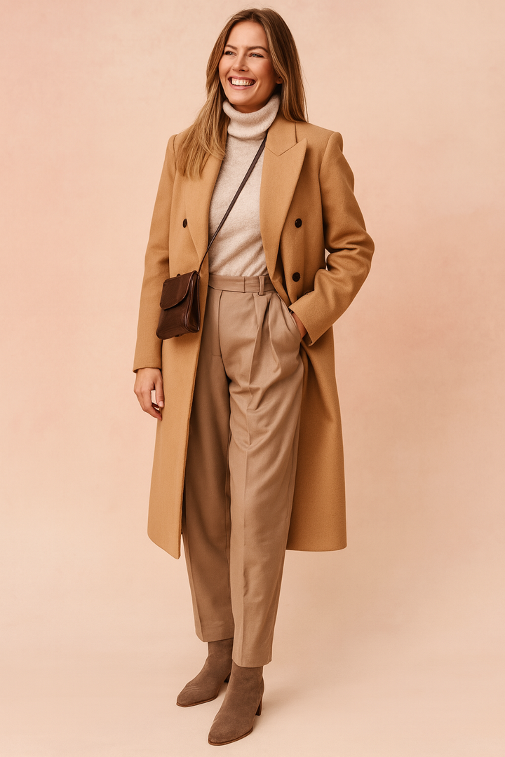 Elegant women's double-breasted khaki long coat. Classic fall/winter outerwear, chic & versatile style.