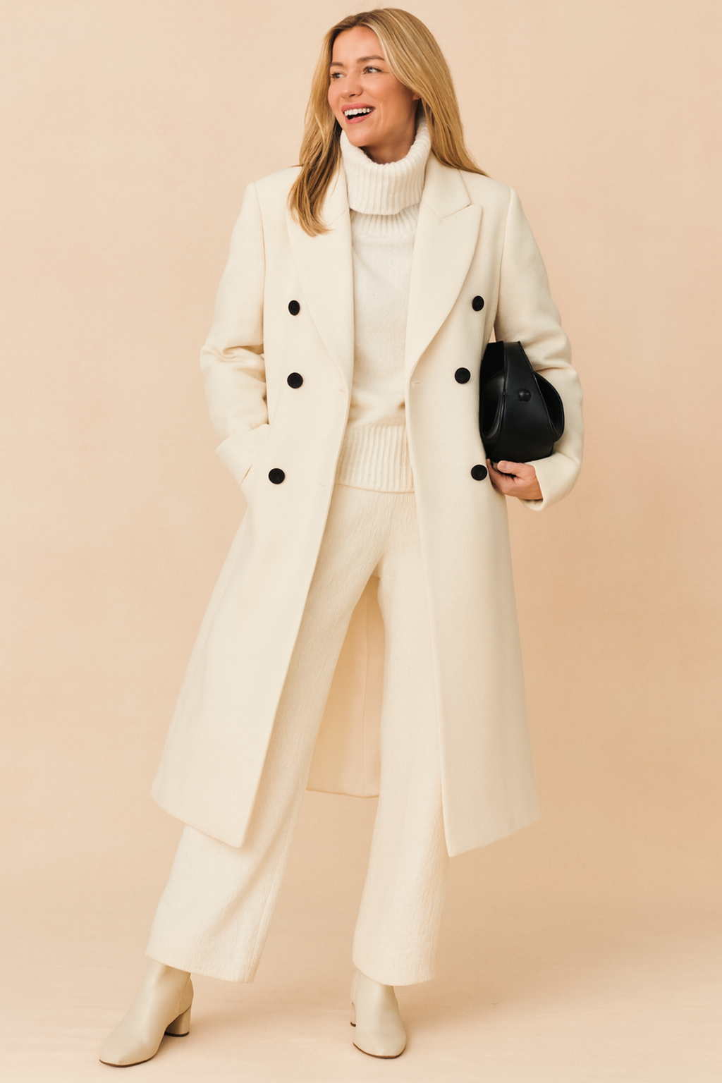 Chic women's double-breasted white long coat. Timeless elegant jacket, perfect fall/winter outerwear.