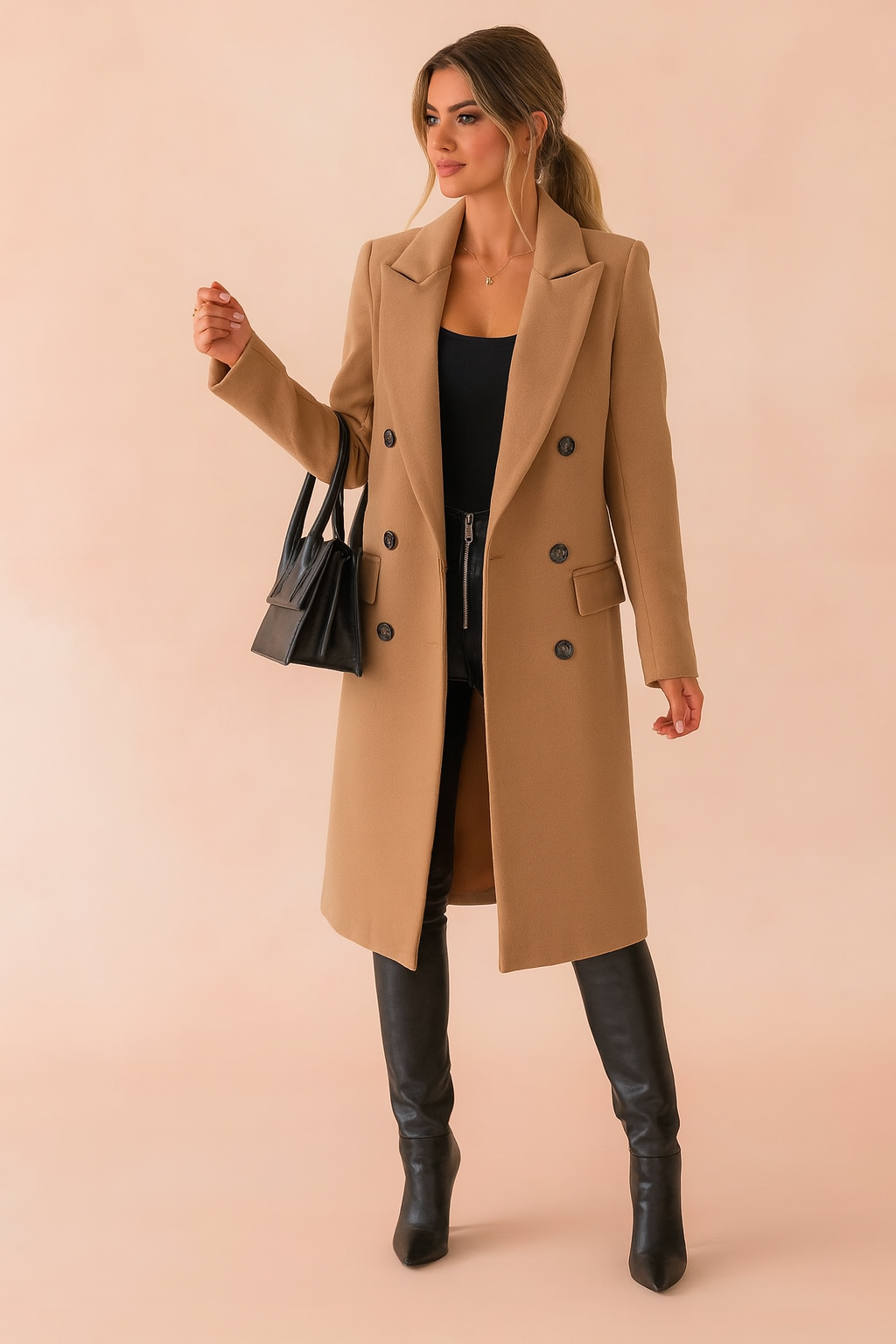 Elegant women's double-breasted long winter coat in classic black.