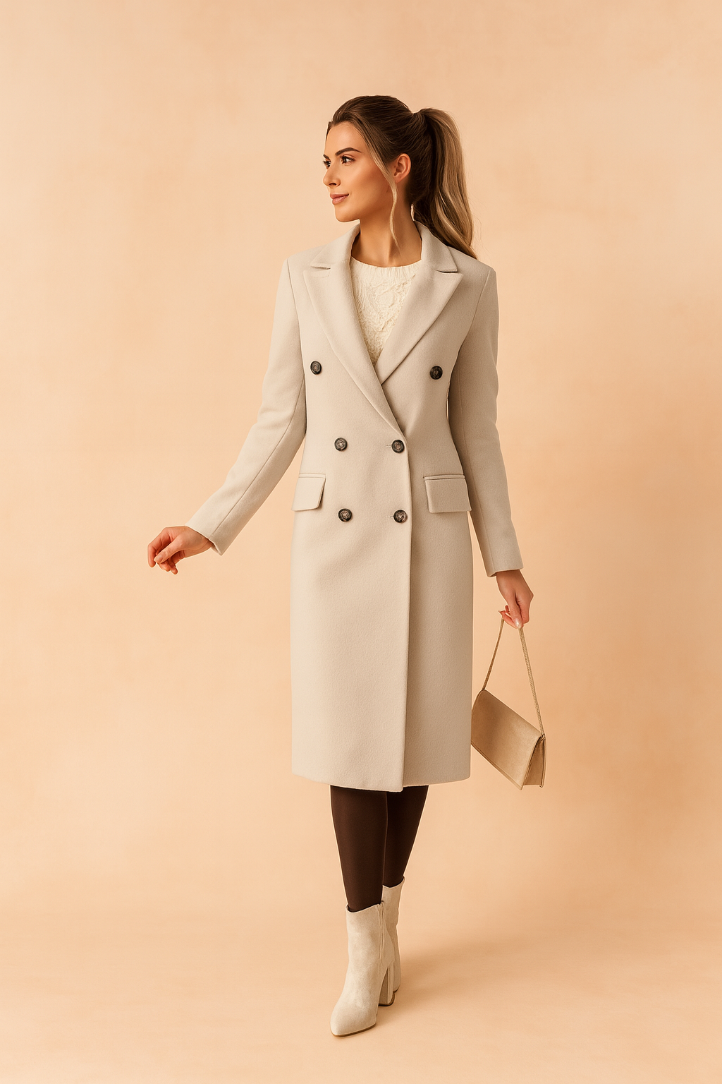 Stylish ladies long coat, perfect for business attire in cold weather.