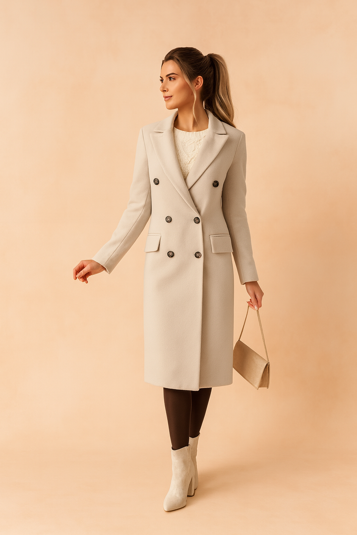 Stylish ladies long coat, perfect for business attire in cold weather.